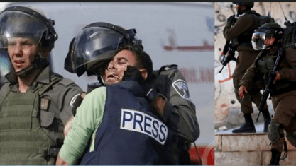 رصدت وكالة الأنباء والمعلومات الفلسطينية "وفا"، 32 انتهاكا إسرائيليا بحق الصحفيين خلال شهر أكتوبر/ تشرين الأول الماضي. وأكدت "وفا"، في تقريرها الشهري عن الانتهاكات الإسرائيلية للصحفيين، أن قوات الاحتلال ما زالت تواصل ملاحقتها واستهدافها للصحفيين، وذلك عبر إطلاق الرصاص الحي، والمعدني، وإطلاق القنابل المسيلة للدموع، والاعتداء عليهم بالضرب والاعتقال المباشر، أو بتقديمهم للمحاكمات ضمن سياستها الممنهجة والهادفة لمصادرة الحقيقة وتكميم الأفواه وقمع حرية الرأي والتعبير، للتغطية على جرائمها اليومية بحق المواطنين، ومنع إيصالها إلى الرأي العام العالمي. وأشار التقرير إلى أن عدد المصابين من الصحفيين جراء إطلاق العيارات المطاطية، وقنابل الغاز المسيلة للدموع، والاعتداء بالضرب المبرح، بالإضافة إلى اعتداءات أخرى، بلغ 23 إصابة. أما عدد حالات الاعتقال والاحتجاز وسحب البطاقات وإطلاق النار التي لم ينتج عنها إصابات فقد بلغت 3 حالات، في حين سجلت 6 حالات اعتداء على المؤسسات والمعدات الصحفية. وبين التقرير، انه بتاريخ 5/10 استهدفت قوات الاحتلال الطواقم الصحفية بالرصاص الحي، ما أدى إلى إصابة الصحفيين في تلفزيون فلسطين محمود فوزي في يده اليمنى، ولؤي السمحان اصيب في يده اليمنى كذلك، إضافة إلى إصابة صحفي آخر بقنبلة غاز مباشرة في الرأس، خلال تغطيتهم عدوان الاحتلال المستمر على دير الحطب شرق نابلس. وبتاريخ 8/10، استهدفت قوات الاحتلال بشكل مباشر مجموعة من الصحفيين الفلسطينيين أثناء تغطيتهم لاقتحام مدينة ومخيم جنين، الأمر الذي عرض حياتهم للخطر، بعد أن تم محاصرتهم داخل إحدى البنايات، والصحفيون، هم: الصحفي مجاهد السعدي والصحفي محمد عابد، والصحفي جعفر اشتية، والصحفي نضال اشتية. كما أدى الاستهداف إلى تضرر بعض المعدات بعد اصابتها بالرصاص. وبتاريخ 9/10، تعرضت فضائية "معا" التي تعمل في الضفة الغربية لقرصنة الكترونية اسرائيلية من خلال اختراق شاشتها وبث رموز وشعارات تمثل الاحتلال الإسرائيلي. الى ذلك منعت شرطة الاحتلال بتاريخ 12/10، مراسلة قناة "الرؤيا" آية خطيب من تغطية اقتحامات المستوطنين للمسجد الأقصى في القدس، بحجة عدم حيازتها على بطاقة صحافة إسرائيلية. وبتاريخ 13/10، أصيب المصور الصحفي مجدي اشتية بقنبلة غاز بشكل مباشر برجله، ومصور "تلفزيون فلسطين" محمد زواهرة بالاختناق، خلال تغطيتهم التصدي لاعتداءات المستوطنين على المواطنين ومركباتهم في بلدة حوارة جنوب نابلس شمال الضفة الغربية. هذا واعتدت شرطة الاحتلال الإسرائيلي بتاريخ 17/10، بالضرب المبرح، على كُلّ من مراسلة وكالة "نبض القدس" هبة نجدي، ومصوّر قناة "الميادين" محمد عشو، ومراسل وكالة "الأناضول" التركية معاذ خطيب، ومراسلة قناة "الرؤيا" براء أبو رموز، خلال تغطيتهم اقتحامات المستوطنين للمسجد الأقصى في القدس. وبتاريخ 18/10، أصيب 5 صحفيين يعملون في تلفزيون فلسطين عقب الاعتداء عليهم وإطلاق قنابل الغاز السام والمدمع من قبل جنود الاحتلال الإسرائيلي، وذلك اثناء تصويرهم حلقة جديدة من برنامج "ملف اليوم". بالقرب من مدخل قرية دير شرف المغلق غرب نابلس. حيث اصيب المصور معتز السوداني بقنبلة غاز في وجهه، واصيب آخر برضوض وكدمات، بينما أصيب 3 آخرين جراء استنشاقهم للغاز السام والمدمع. كما الحق جنود الاحتلال اضرارا بمعدات واجهزة التصوير التي كانت برفقة الصحفيين. في حين اعتدت الشرطة الاسرائيلية بتاريخ 19/10، جسديًا وكلاميًا على الصحفي حسن شعلان خلال عمله الصحافي في قرية جسر الزرقاء. حيث اصيب شعلان بإصابة في صدره وتم نقله لتلقي العلاج في مستشفى هليل يافي. وبتاريخ 20/10، اعتدت قوات الاحتلال على الصحفيين بالدفع خلال تغطيتهم المــواجــهات اندلعت قرب المدخل الشمالي لمدينة البيرة. كما اعتدى جنود الاحتلال الإسرائيلي بتاريخ 21/10، بالضرب وتصويب السلاح على الصحفيين في تلفزيون فلسطين خلال تغطية الأحداث في قرية عزون شرق قلقيلية. حيث قام جندي إسرائيلي بتصويب سلاحه مباشرة في وجه الصحفي احمد شاور وركله والاعتداء عليه بالدفع ومنعه من توثيق الأحداث. وبتاريخ 26/10، احتجزت قوات الاحتلال على حاجز زعترة اثنين من الصحفيين خلال مرورهما من الحاجز وهما محمد تركمان، وكريم خمايسة. وبتاريخ 28/10، اعتدى عدد من المستوطنين بحماية جيش الاحتلال على اربع سيارات للصحفيين، وحطموا زجاجها، أثناء تغطيتهم لموسم قطف الزيتون في قرية جيبيا شمال غرب رام الله.