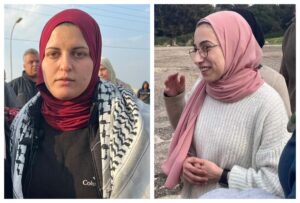 الأسيرتان ياسمين جابر من القدس ودينا جرادات من جنين لحظة الإفراج عنهما من معتقلات الاحتلال