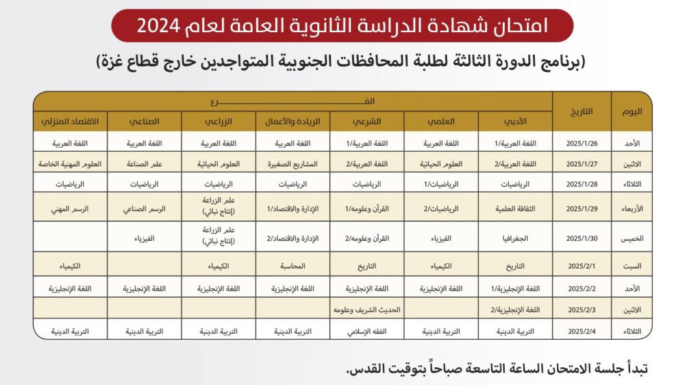 "التربية" تعلن برنامج الدورة الثالثة من امتحان الثانوية العامة لطلبة غزة خارج الوطن