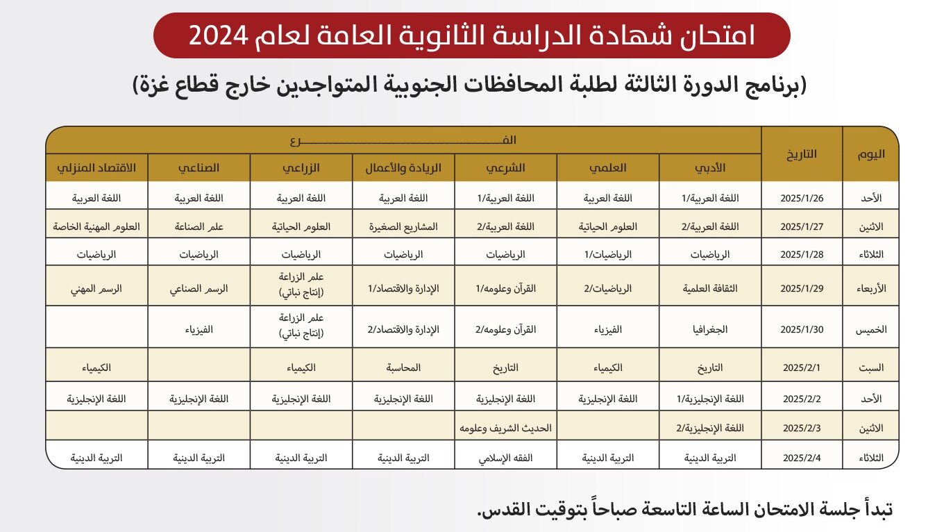 "التربية" تعلن برنامج الدورة الثالثة من امتحان الثانوية العامة لطلبة غزة خارج الوطن