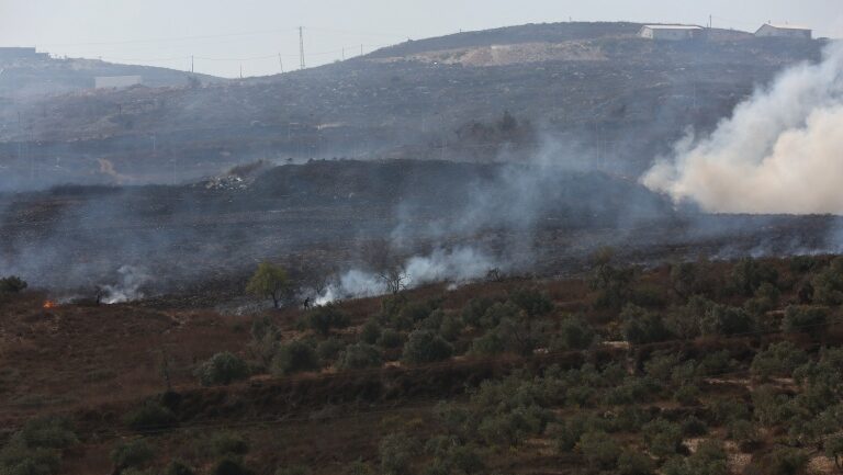 مستوطنون يحرقون مساحات واسعة من الأراضي في دوما جنوب نابلس